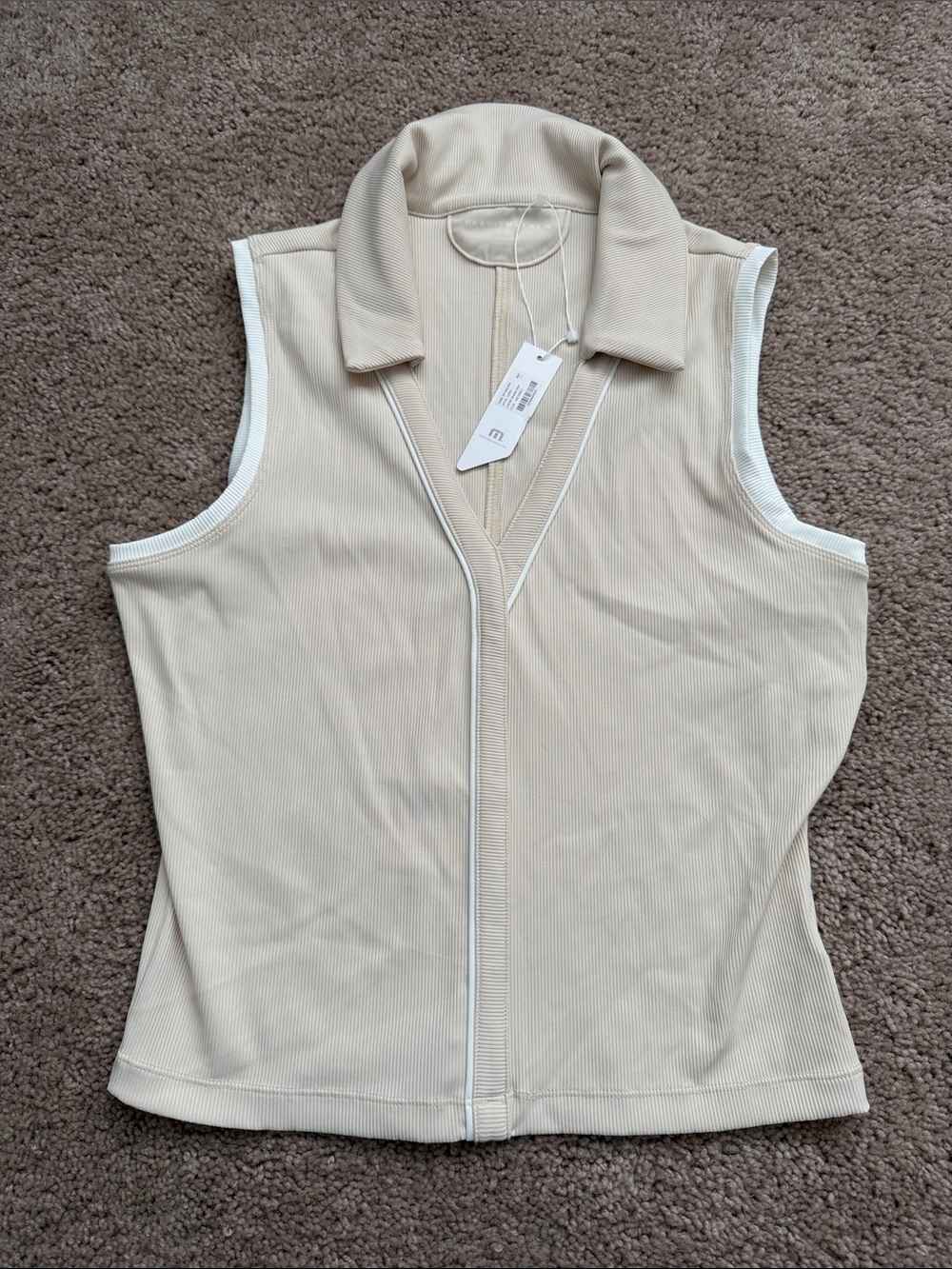 Travis Mathew Cream Ribbed Sleeveless Zip Polo Tank